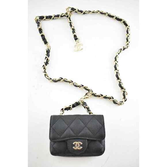 Chanel 21B Black Caviar Mini Chain Classic Gold Card Belt Waist Necklace Bag - Picture 1 of 12